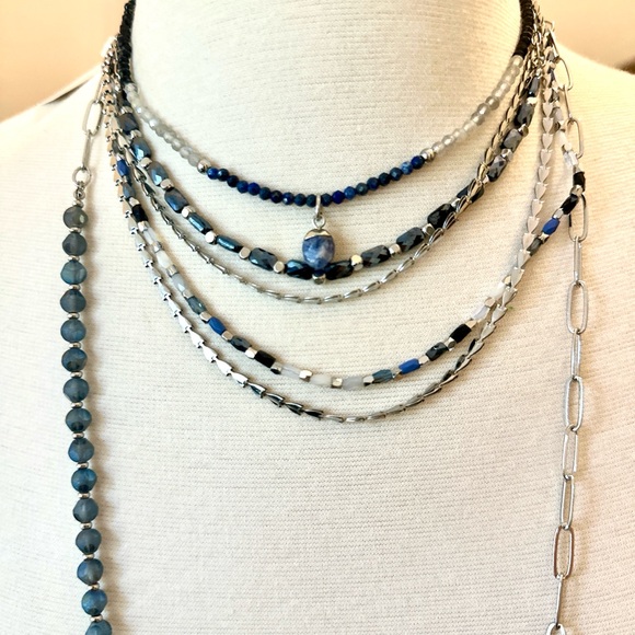 Elegant silver and Blue beads Layered convertible and adjustable Necklace. - Picture 2 of 11